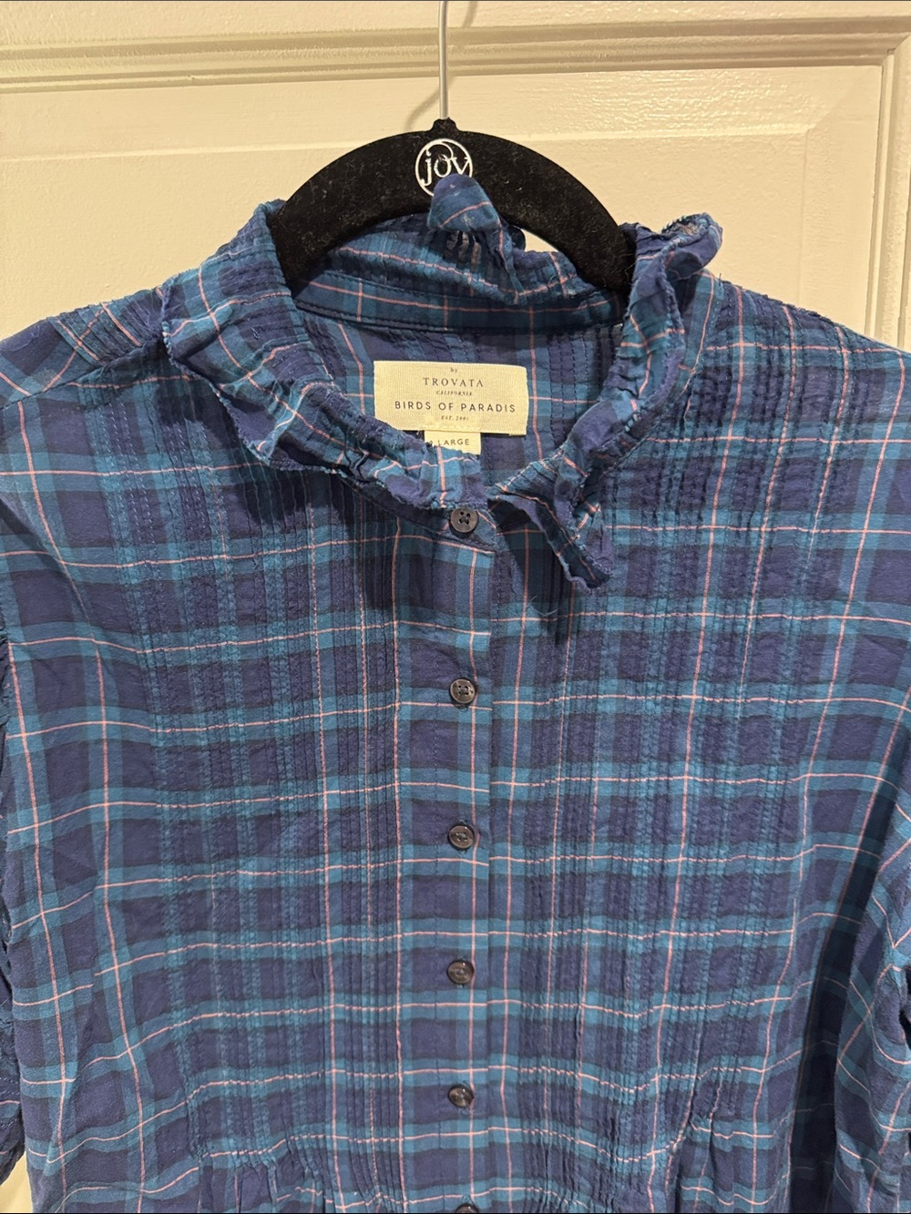 Trovata Blue Plaid Ruffle-Collar Button Front Blouse - Picture 2 of 9